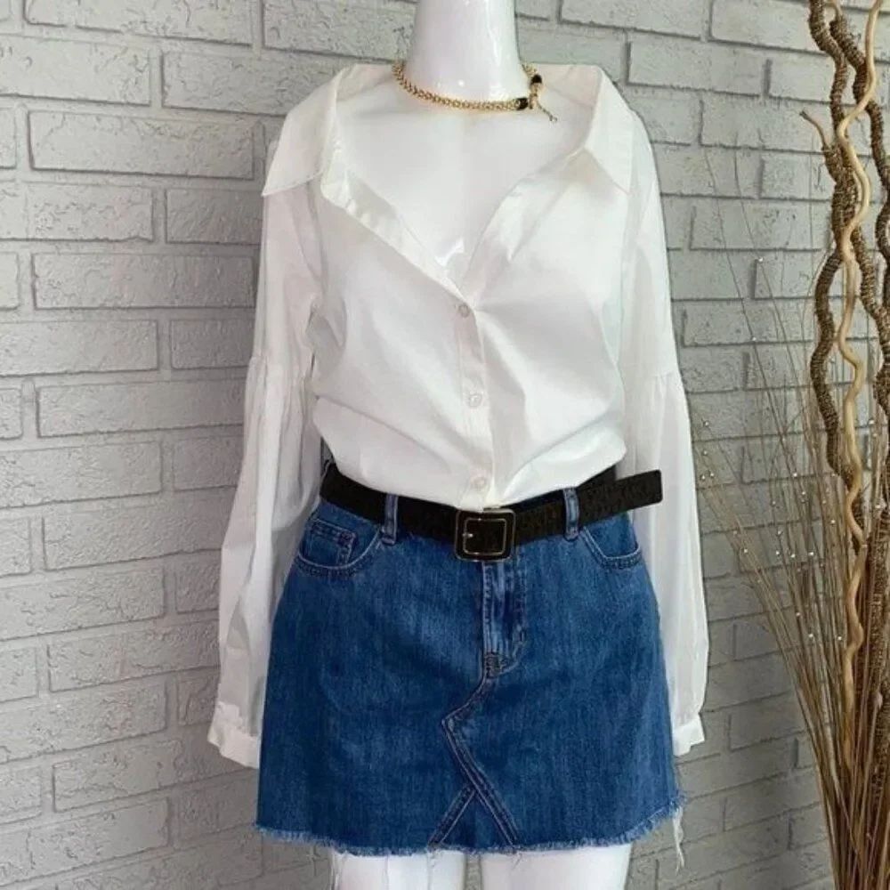 DKNY Women White Long Sleeve Button-Down Blouse Size M